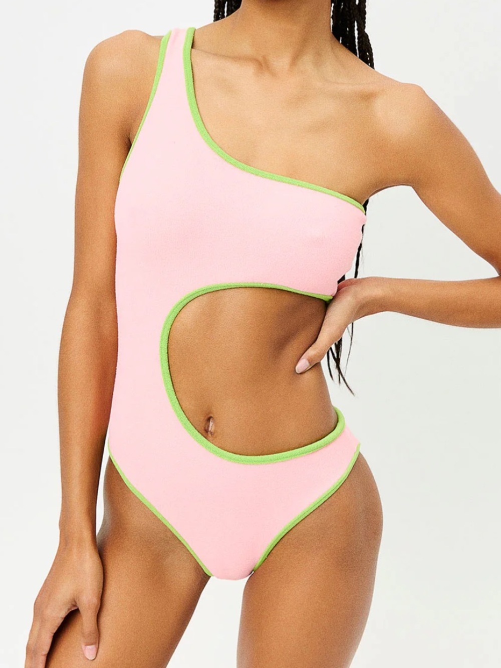 NEW Frankies Bikinis Cutout‎ Pink Green Cash Terry One Piece Swimsuit